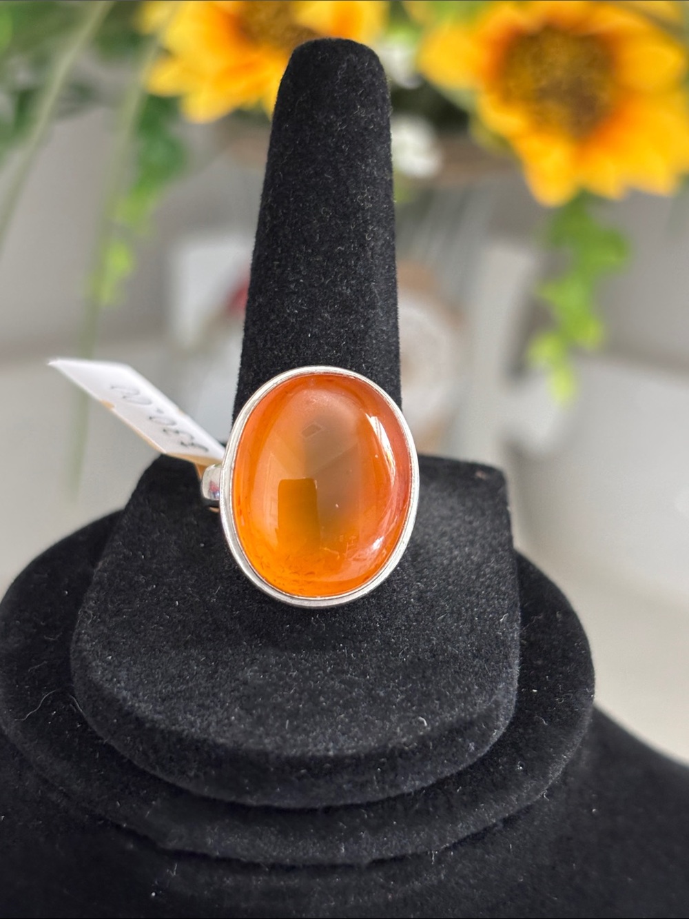 Sterling Orange Amber Cabochon Statement Ring Size 8.25